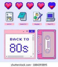 Clip art set of retro pixelated graphics: old user interface windows, pixel hearts and icons. Vaporwave back to the 80's-90's style elements.