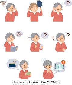 Clip art set of senior woman suffering from aging