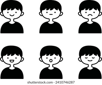 Clip art set of simple monochrome icons of boys with various facial expressions