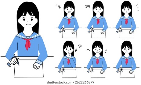 Clip art set of student expression of a girl studying