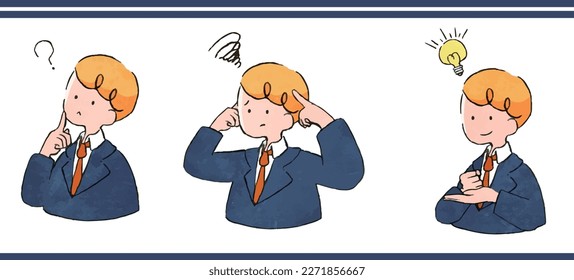 Clip art set of stylish and cute hand-drawn style businessman
(question,wonder,annoy,trouble,flash,idea)