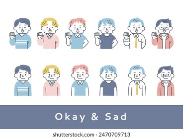 clip art set of upper body of man waving or crying