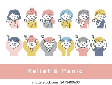 Clip art set of upper body of woman who is relieved or distressed
