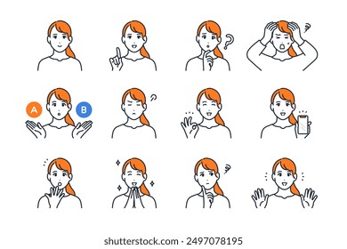 Clip art set of variation of young woman facial expression