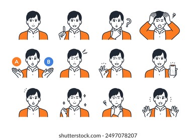 Clip art set of variation of young man's facial expression