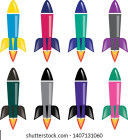 Clip art Set of vector colorful rocket icons with fire