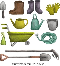 clip art set watercolor illustration of sunny spring summer gardening activity