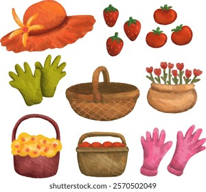 clip art set watercolor illustration of sunny spring summer gardening activity