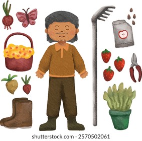 clip art set watercolor illustration of sunny spring summer gardening activity