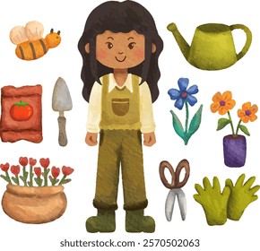 clip art set watercolor illustration of sunny spring summer gardening activity