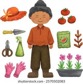 clip art set watercolor illustration of sunny spring summer gardening activity