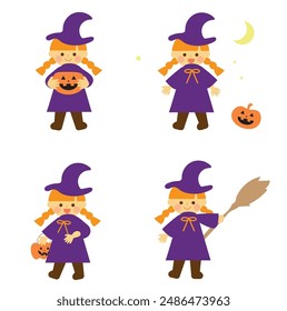 Clip art set of witch girl in Halloween costume