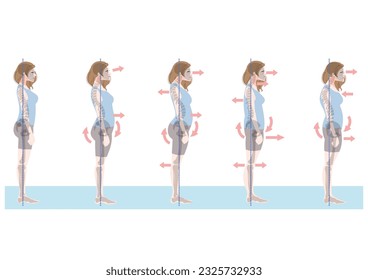 Clip art set of woman in bad posture seen from the side