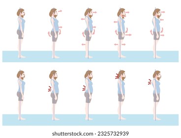 Clip art set of woman in bad posture seen from the side