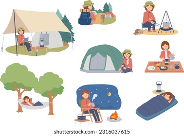 Clip art set of woman enjoying solo camping