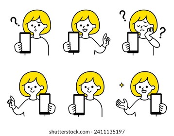 Clip art set of woman holding a smartphone