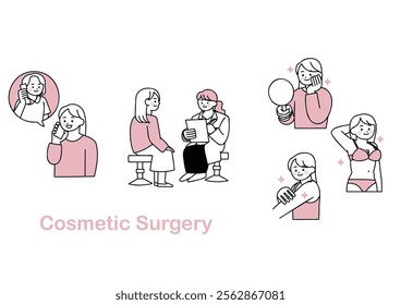 Clip art set of woman who went for cosmetic surgery