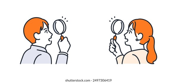 clip art set of young male and female office workers looking through a magnifying glass