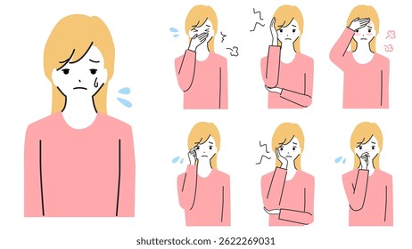 Clip-art set de jovem mulher com saúde precária