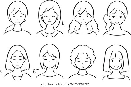 Clip art set of young woman's face, expression of resignation, plural.