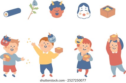 Clip art of Setsubun motif with children throwing beans