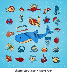 Clip art. Shells, fish, starfish, skates, octopus, jellyfish, crabs and other deep-sea animals of the sea and ocean. Beautiful marine aquarium. Isolated on a blue background. Vector illustration.