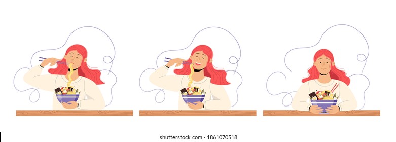 Clip art showing a girl eating and enjoying her ramen noodle soup using chopsticks. Vector illustration for poster, advertising, menu design