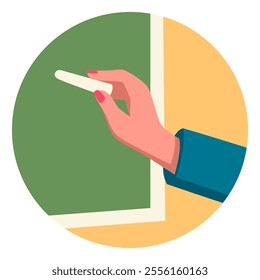Clip art showing a teacher's hand holding chalk against a greenboard. Ideal for educational materials, online learning content, or school-themed designs