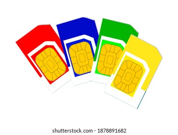Clip art of SIM cards, various colors such as red, blue, green, yellow. Isolated on white background.