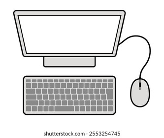 Clip art of simple computer seen from above monitor, keyboard and mouse