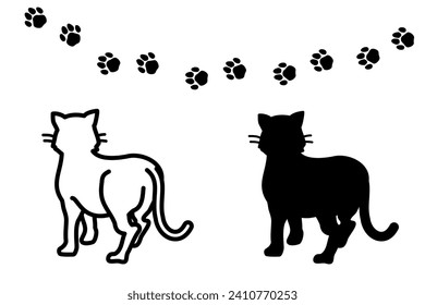 Imágenes prediseñadas de gato simple y lindo con huellas (monocromo)