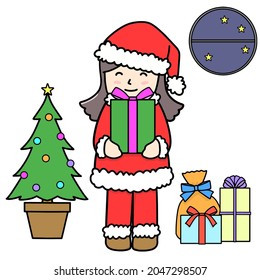 Clip art of a smiling girl holding a Christmas present