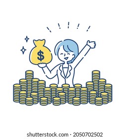 Clip art of a smiling woman surrounded by a lot of money(Dollar)