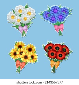 Clip art stickers with poppy, chamomile, cornflower, sunflower bouquets and bows isolated on blue background. Summer and spring flowers for decoration. Vector Illustration EPS 10