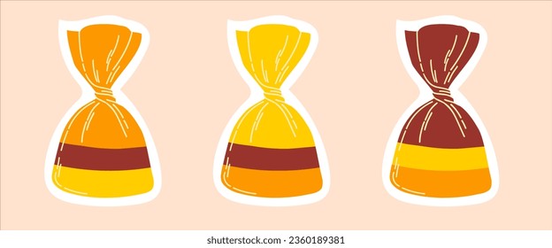 Clip art stickers set of Halloween trick or treat twisted candy pouches on isolated background. Hand drawn elements in traditional colours for Halloween celebration, wrapping paper, scrapbooking. 