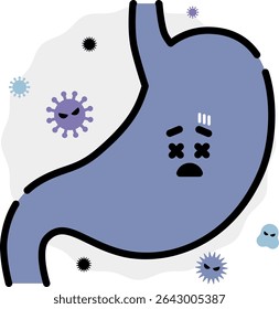 clip-art de um personagem do estômago infectado com bactérias ou vírus