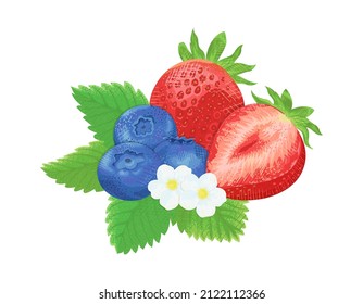 Clip art of strawberries and blueberries with flowers and leaves 