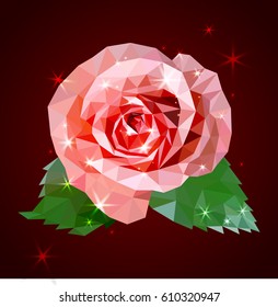 Clip art, template for design. Crystal rose is a polygonal geometric precious. Pink, red, green. Jewelry Decoration