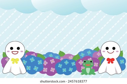 Clip art of teru teru bozu and hydrangea in rainy season