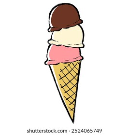 Clip art of three-tiered ice cream on a cone with a touch of brush.