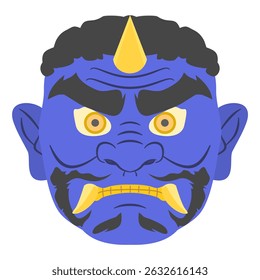Clip art of traditional Japanese monsters, demon mask. Blue face, one horn.