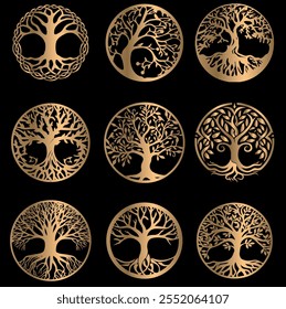 Árbol de la vida del arte del Clip, árbol celta de la vida Paquete, archivos para Cricut, árbol de familia, decoración de oro silueta arte del Clip, aislado en el fondo blanco, árbol del Arte vectorial de la vida