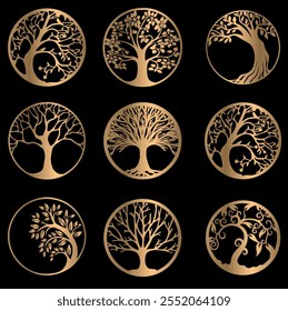 Árbol de la vida del arte del Clip, árbol celta de la vida Paquete, archivos para Cricut, árbol de familia, decoración de oro silueta arte del Clip, aislado en el fondo blanco, árbol del Arte vectorial de la vida