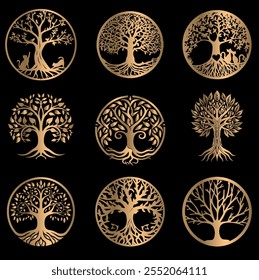 Árbol de la vida del arte del Clip, árbol celta de la vida Paquete, archivos para Cricut, árbol de familia, decoración de oro silueta arte del Clip, aislado en el fondo blanco, árbol del Arte vectorial de la vida