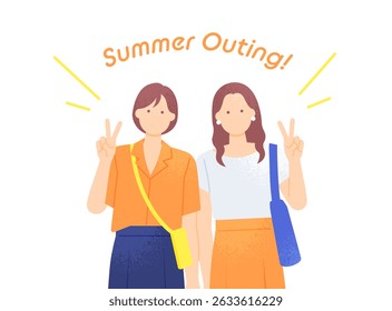Clip art of two young girls making a peace sign. Clip art of a woman enjoying a summer outing.