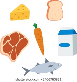 Clip art Vector of Food ingredients consist of beef, cheese, bread, carrots, fish and milk in a flat design style
