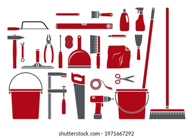 Clip art vector icon set for household, cleaning, DIY, tree market and repair or facility services