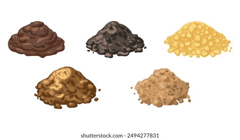 Clip art vector illustration different ground soil or dirt types in Cartoon Flat Vector style isolated on white background. Set of dirt ground types. Sand,  dirt, sandstone, clay.