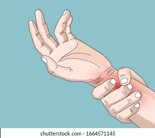 Clip art vector illustration drawing of people with wrist pain and use hand to massage on arm.
