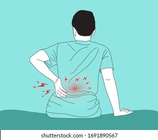 Clip art vector illustration drawing sketch cartoon of woman with lumbar pain, backache and massage on waist to pain relief.